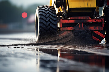 Truck on road construction site, close up view. Road repair