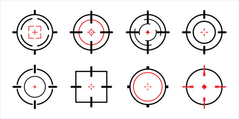 Target aim set. Crosshair target weapon sniper army sight for gun or rifle in black and red color. Sniper target navigation for shooting, optic crosshair, weapon, military, shooting game and accuracy. - obrazy, fototapety, plakaty