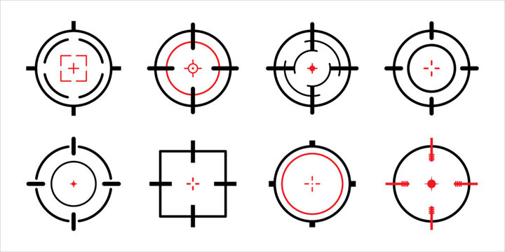 Target aim set. Crosshair target weapon sniper army sight for gun or rifle in black and red color. Sniper target navigation for shooting, optic crosshair, weapon, military, shooting game and accuracy.