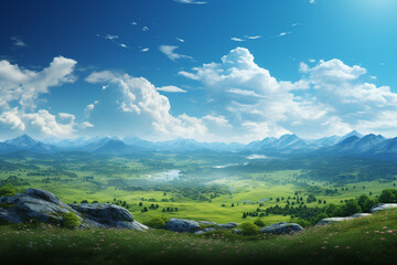 Fantasy landscape with river and mountains. 3d render illustration.