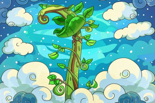 Cartoon cute doodles of a magical beanstalk stretching up to the clouds, leading to a land of giants and wonder, Generative AI