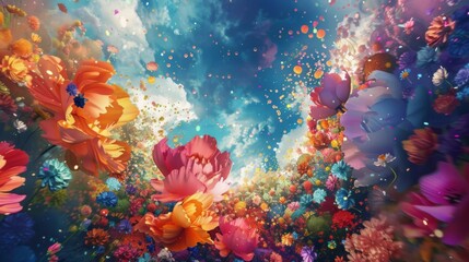 Fototapeta na wymiar A kaleidoscope of bright flower explosions painting the landscape with a rainbow of colors.
