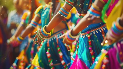 A close-up of vibrant Telangana Perini dancers, showcasing the traditional dance form of the region...