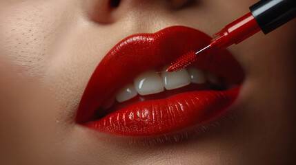 close up of lips with red lipstick,
Creative lip injection concept. Close-up of fema

