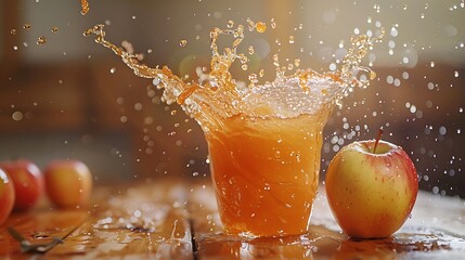 Flying splashing apple juice on table