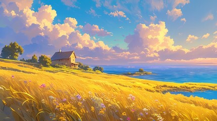 A vibrant summer scene unfolds before us featuring a charming house set against a backdrop of a golden field and the deep blue sea under a cloudy sunset sky in this beautiful natural 2d ill