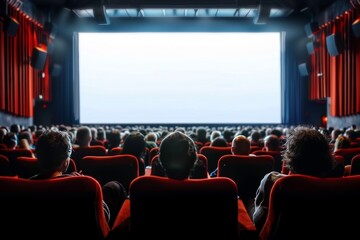 Obraz premium Cinema blank screen and people in red chairs in the cinema hall. Blurred People silhouettes watching movie performance. generative ai.