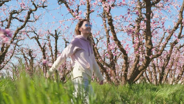 Caucasian girl enjoys spring inspiration of lovely pink blossoms within lavish garden. Beautiful woman explores almond orchards during lovely sunny morning. High quality 4k footage