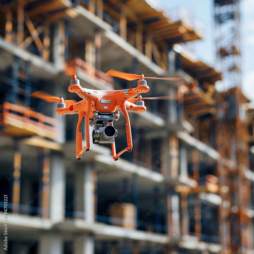 Aufkleber modern construction using drones for logistics and monitoring, technology optimizing workflows