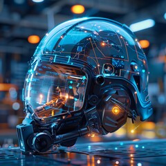 Fototapeta premium Smart construction helmets with HUD for realtime project updates, technology in field use