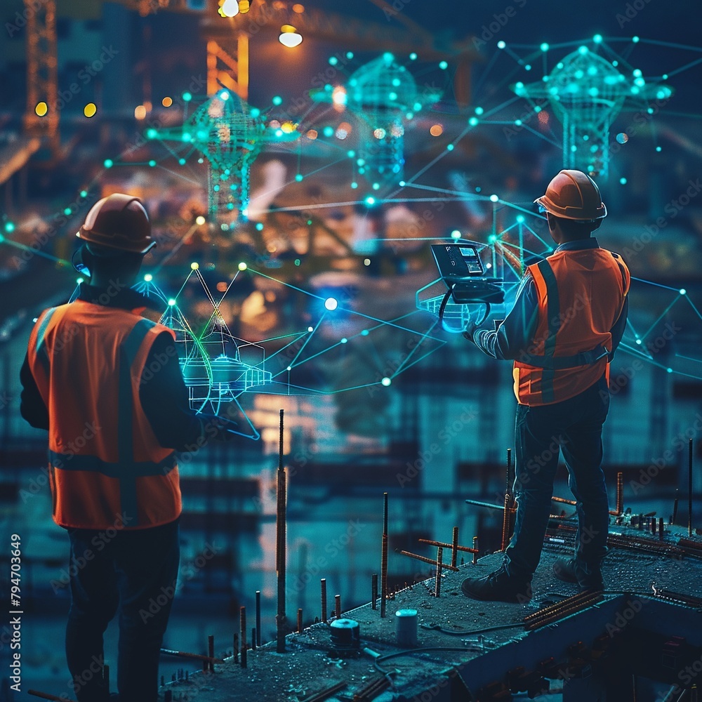 Aufkleber engineers at a hightech construction site, using iot devices to monitor and manage the project