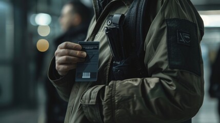 A close-up shot of a security officer's hand holding a security pass, symbolizing the commitment of security personnel to protecting the public.