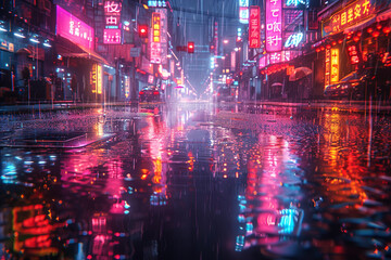 Digital rain cascading down a neon-lit alleyway, reflecting the urban landscape in a shimmering cascade of light and shadow in a surreal display of digital artistry.