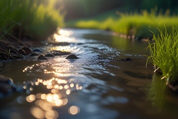 Gentle light spring illuminates slowly flowing stream, and scenery spring where young grasses and sprouts begin to grow, concept protecting nature Generative AI