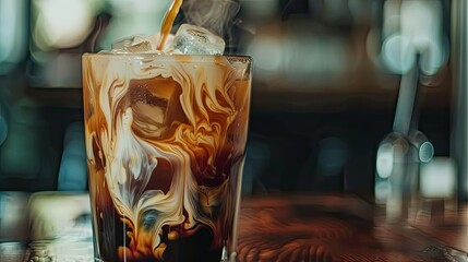 Iced cold brew coffee with cream swirling