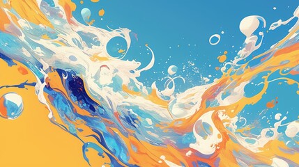 Fototapeta na wymiar An abstract painting showcasing 2D illustrations of vibrant cartoon water droplets in liquid form