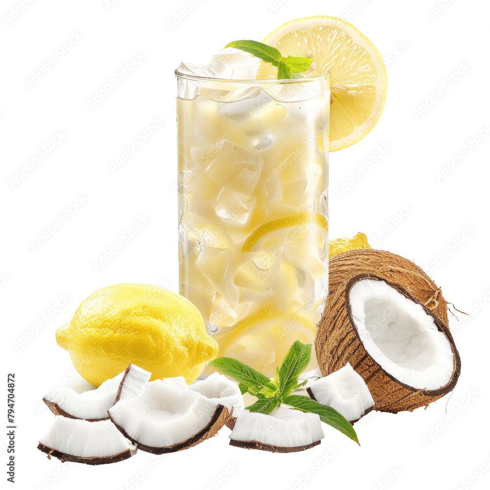 Poster a refreshing concoction of lemon juice ice and coconut juice set against a transparent background wi