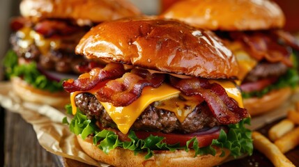 Juicy burgers topped with melted cheese and crispy bacon