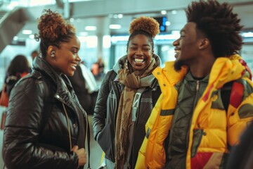 A group of African American friends laughing and conversing in an airport.
