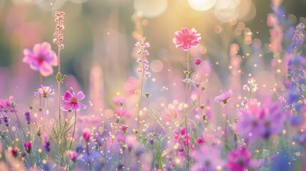 Defocused Soft and dreamy a meadow filled with wildflowers creates a whimsical wonderland. .
