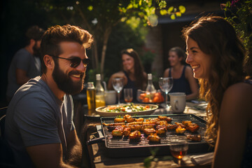 a photo of a american family and friends having a picnic barbeque grill in the garden. having fun eating and enjoying time. sunny day in the summer - obrazy, fototapety, plakaty