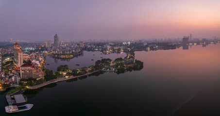 Aerial drone top view of Thanh Nien street at twilight with Tran Quoc temple
