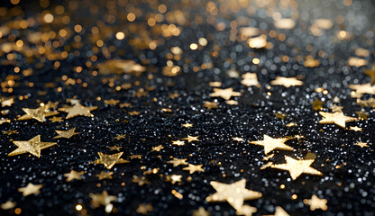 Star sequin confetti frame gold glitter on black background.	
