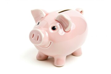A pink piggy bank is placed on top of a white table