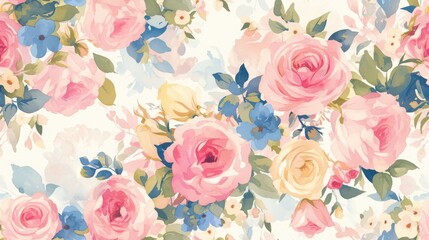 Vibrant watercolor floral pattern featuring roses perfect for wallpaper textile and swimwear Hand drawn and digitally enhanced this design showcases bold bouquets of watercolor ros