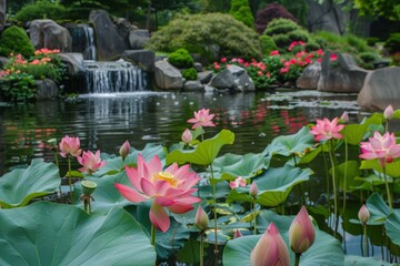 tranquil garden landscape featuring a pond filled