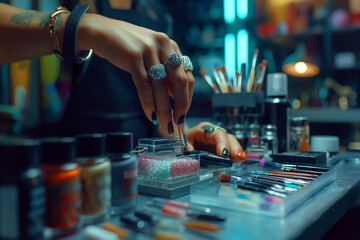 Manicurist doing customer's nails, manicure equipment and nail polish