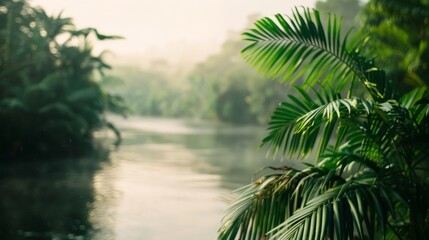 Obraz premium Through the hazy defocused background a twilightdrenched Amazon river meanders lazily past dense thickets of tropical foliage beckoning curious explorers into the heart of the rainforest. .