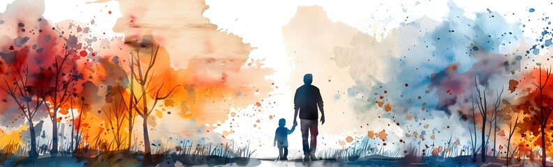 "happy father's day" illustration, Father and son standing in nature silhouette
