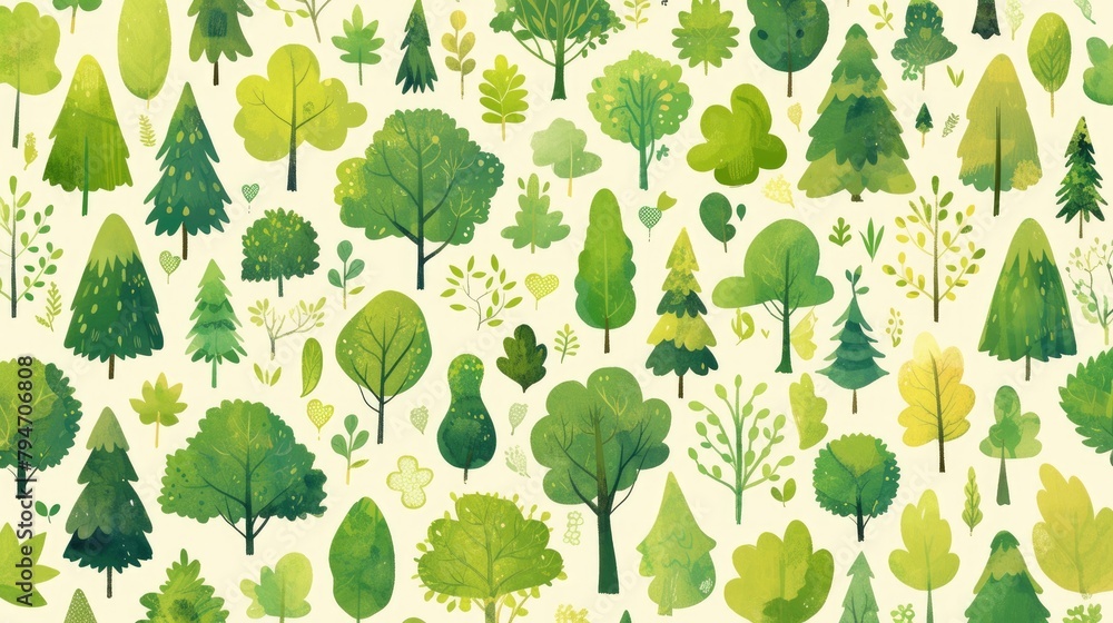 Poster 2d illustration of a repeat green tree pattern in a fun and cartoon like style