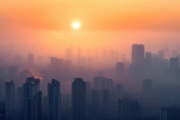 Fototapeta premium City skyline shrouded in smog at sunset, highlighting environmental pollution issues.