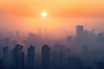 City skyline shrouded in smog at sunset, highlighting environmental pollution issues.