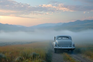 Vintage car traveling in misty countryside at dawn