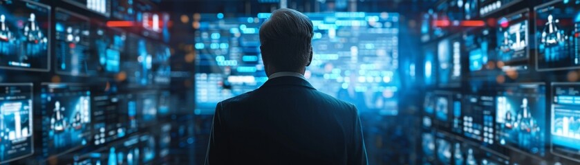 A man in a suit standing in front of a large video wall looking at data.