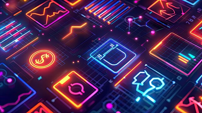 Glowing symbols and icons representing various financial instruments and assets