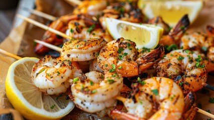 Grilled seafood skewers served with lemon wedges