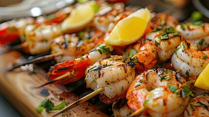 Grilled seafood skewers served with lemon wedges
