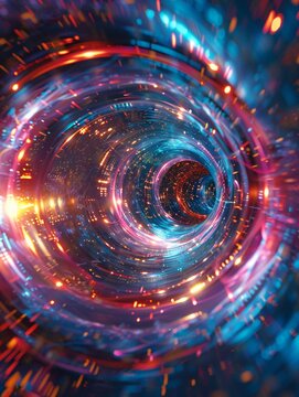 A 3D rendering of a wormhole with bright lights at the end of the tunnel.