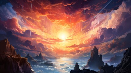 A beautiful painting of a sunset over the ocean. The sky is ablaze with color, and the water is calm and still. The cliffs are majestic and imposing, and the clouds are fluffy and light.