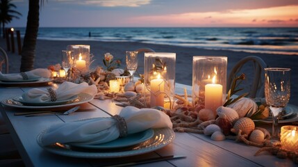 A beautiful table set up for dinner on the beach. There are candles, flowers, and shells on the table. The sun is setting in the background. - Powered by Adobe