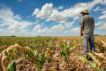 Fototapeta premium A farmer standing in a sunlit field of withered crops, facing away from the camera. showing the impact of global warming on agriculture