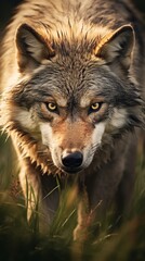 Fototapeta premium A close up of a staring wolf with yellow eyes