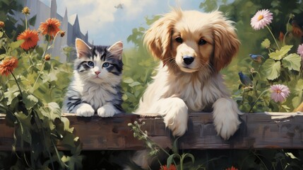 A cute cat and dog looking over a fence