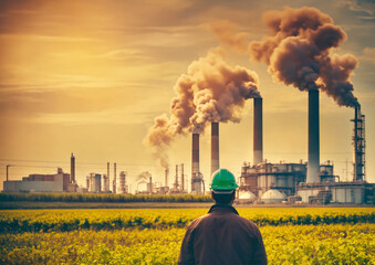 man with hard hat looking at a power plant in the background