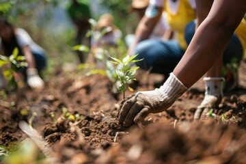 People planting young trees in the soil, engaging in a reforestation activity.