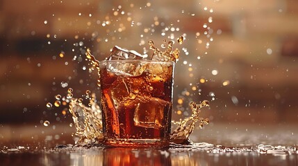 Ice cube droped in cola glass and cola splashing - obrazy, fototapety, plakaty